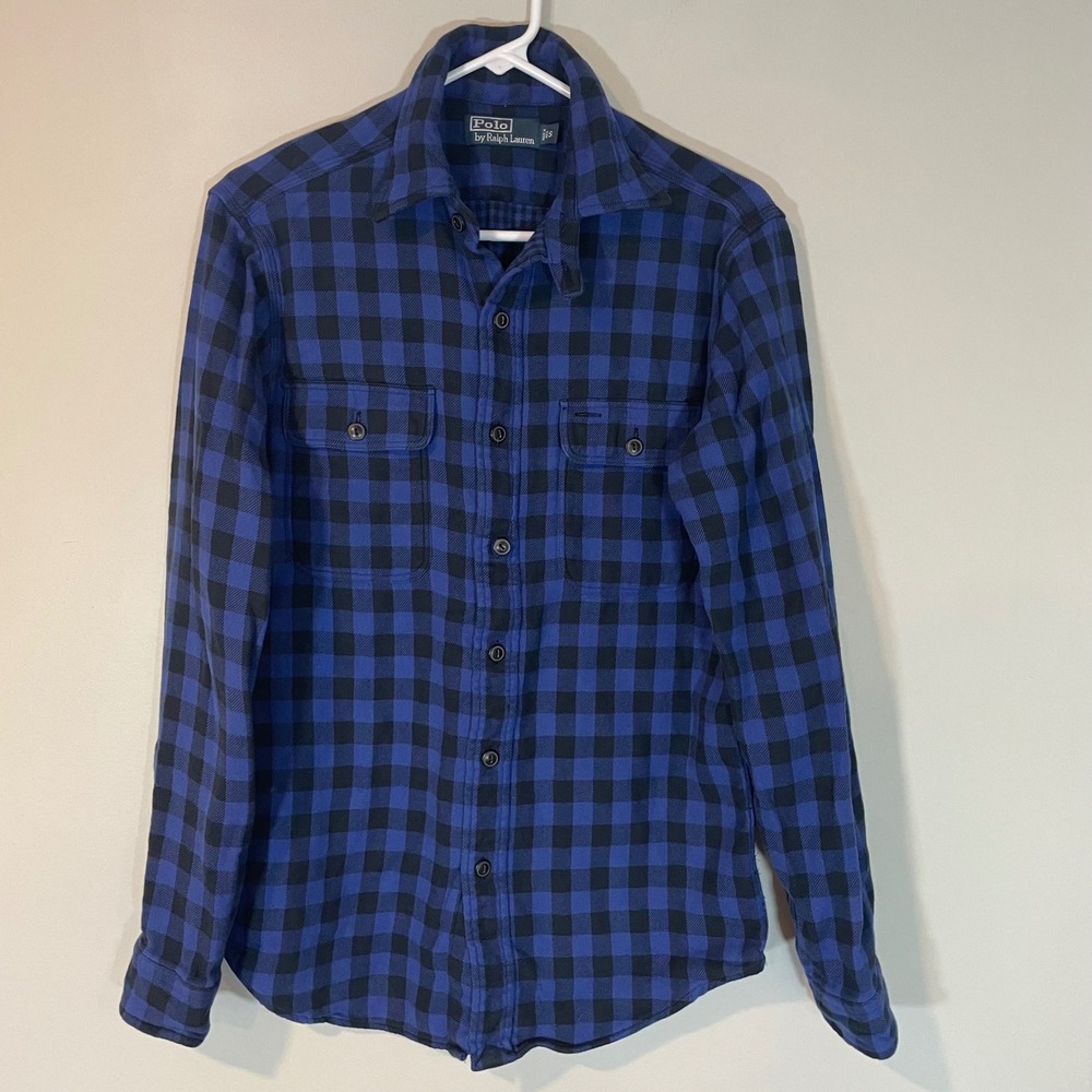 VTG Polo Ralph Lauren‎ Flannel Work Shirt Mens S Blue Buffalo Plaid Chin Strap